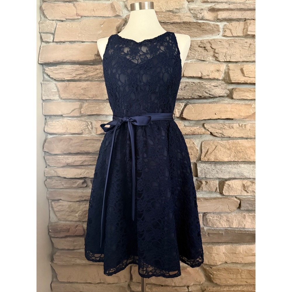 Marina Womens Navy Blue Floral Lace Fit & Flare Cocktail Dress Size 10 USA Made